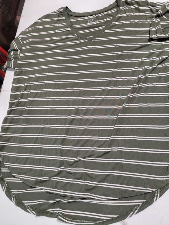 Time and Tru Tops - Time and Tru Olive Green and White Striped V-Neck Short Sleeve Tee